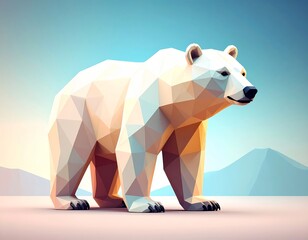 A low poly polar bear stands on a pink and blue background
