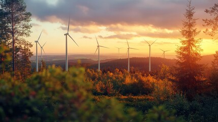 Wind turbines sunset landscape