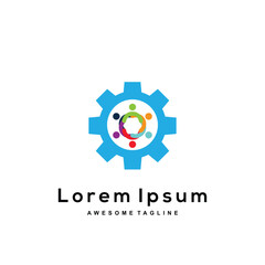 Fototapeta premium Teamwork gear logo with colorful people circle, modern community and technology symbol design
