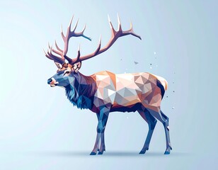 A visually stylized low poly deer figure stands on a blue and pink background