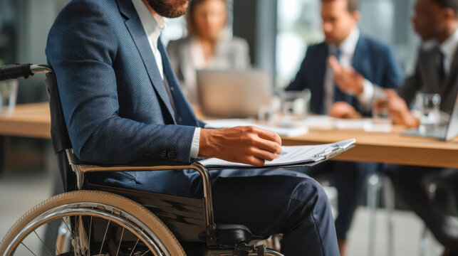 Close-up of businessman in wheelchair with tablet at conference table, inclusive office and corporate diversity concept