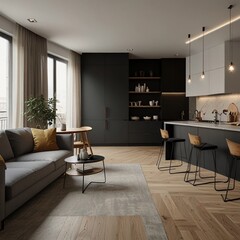 Elegant Modern Interior: Kitchen and Living Room Combo