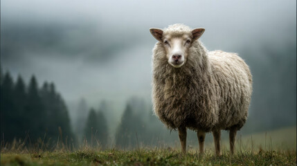 Fototapeta premium Sheep standing on misty mountain meadow, animal portrait on farm in foggy countryside