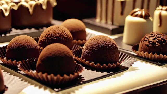 Decadent chocolate truffles and pastries displayed on elegant dessert counter