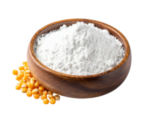 Small bowl of white cornstarch powder isolated on white, used for sauces and desserts.