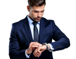 “Businessman Checking Time on Wristwatch, isolated on transparent background”