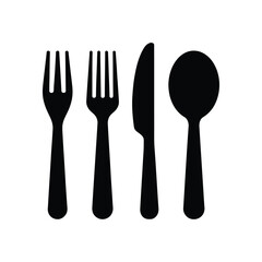 Black Cutlery Set Icon Two Forks, Knife, and Spoon on a White Background
