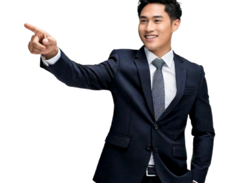 Smiling Business Executive Pointing Forward, isolated on transparent background PNG