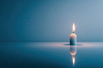 A single, white candle flame flickers against a muted blue backdrop, its reflection mirrored perfectly on a still surface