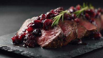 Succulent venison medallions with tangy cranberry glaze, autumn feast, hunters moon celebration, rustic culinary indulgence
