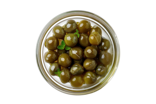 Glossy caper berries in glass bowl still life Gourmet food mediterranean cuisine olives pickled