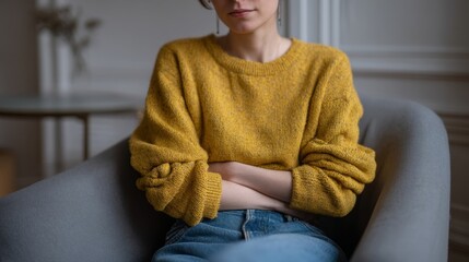 A contemplative woman in a mustard sweater, exuding autumnal introspection, mindset renewal, Diwali reflections, cozy hygge vibes