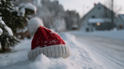 Red pom-pom hat nestled in pristine snow, whispering tales of festive Yule tidings and Solstice enchantments