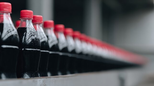 A regiment of cola bottles stands in red-capped uniformity, whispering tales of global refreshment and Beverage Day cheer
