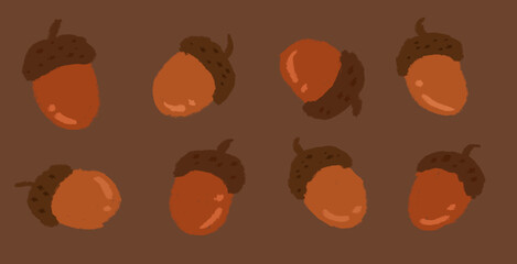 Set of hand-drawn, sketchy acorns with different colors on dark brown backdrop, Autumn design illustrations, fall design, halloween acorns, 