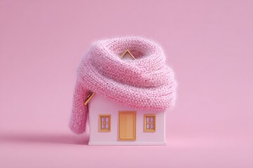 A miniature pink house wrapped in a pink knitted scarf on a pink background