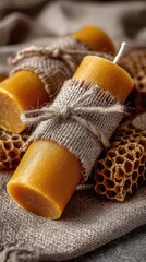 Ethical Autumn Gifting, artisanal beeswax candle wrapped in burlap and twine with golden honeycomb on soft neutral fabric, cozy textures and conscious materials for slow seasonal gifting