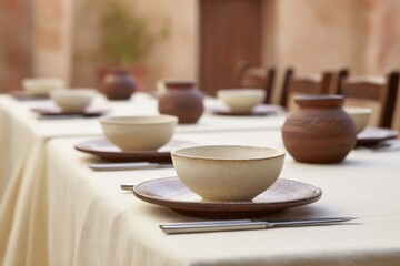 Ceramic bowls atop rustic tables evoke medieval feast vibes, ideal for Renaissance fairs or Solstice rustic gatherings