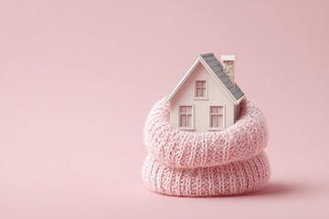 A small white model house nestled within a cozy pink knitted wool scarf, positioned against a soft pink background