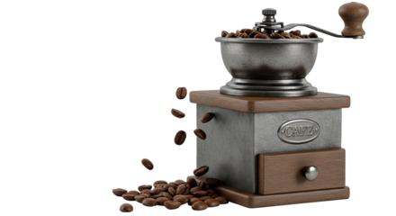 Vintage Manual Coffee Grinder with Wooden Base.