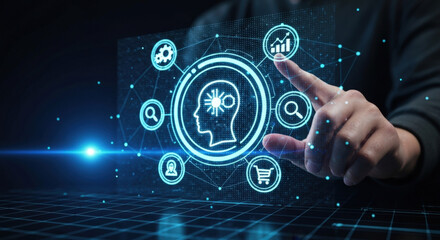 The image shows a close-up of a businessman's hand pressing a central AI icon on a futuristic screen that visualizes complex Generative AI and RPA processes.