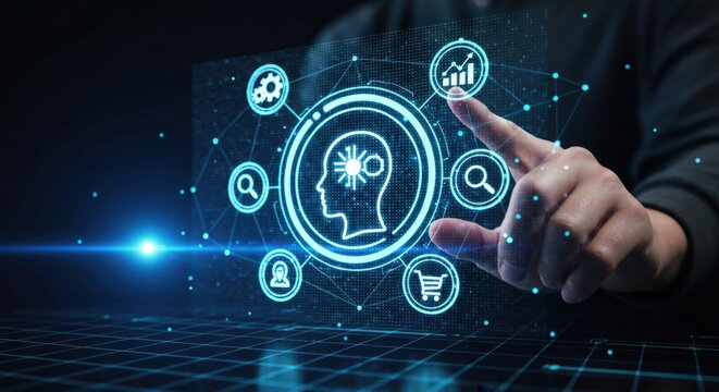 The image shows a close-up of a businessman's hand pressing a central AI icon on a futuristic screen that visualizes complex Generative AI and RPA processes.