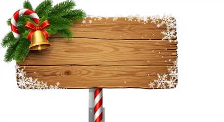 Festive wooden sign adorned with snowflakes, a candy cane, and a bell creates a warm holiday greeting, perfect for seasonal promotions and merry Christmas wishes