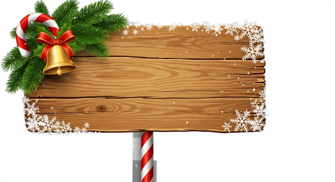 Festive wooden sign adorned with snowflakes, a candy cane, and a bell creates a warm holiday greeting, perfect for seasonal promotions and merry Christmas wishes
