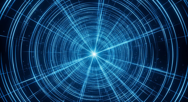 Futuristic blue tunnel with glowing light for science fiction and technology background concept