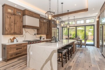Beautiful kitchen in new luxury home with waterfall island, quartz counter tops, farmhouse sink, and hardwood floors
