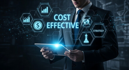 Cost-Effective Strategy Businessman Analyzes Financial Data and Innovation with Digital Interface