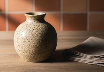 Close-up of artisanal ceramic vase on textured wooden table