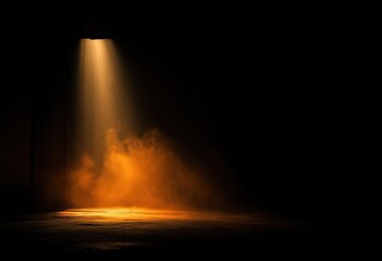 Dramatic spotlight illuminates a dark space, casting a warm, orange glow on the floor and a hazy mist