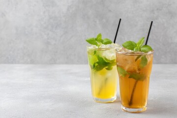 Fototapeta premium Refreshing mint-infused iced tea glasses shimmer under soft light, embodying summer solstice celebrations and International Tea Day serenity