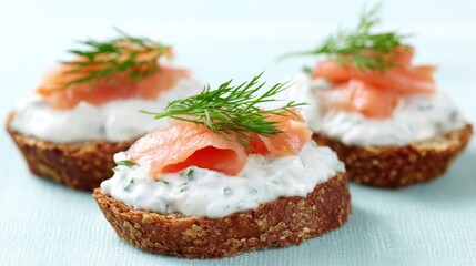 Thin slices of velvety smoked salmon adorn rustic rye rounds, evoking Nordic midsummer feasts and artisanal culinary craft