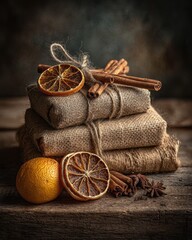 Ethical Autumn Gifting, vintage still life of burlap-wrapped gifts with dried orange, cinnamon, and twine on rustic wood table, earthy textures and cozy tones for artisan-inspired sustainable holiday