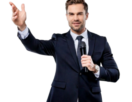 CEO Speaking with Microphone in Hand, isolated on transparent background