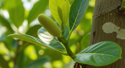 Close-up shot capturing the vibrant green hues of a young jackfruit growing on its tree in a lush