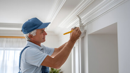 a handyman meticulously working on crown molding inside a house. He is wearing a hat and using a pencil to mark the wall, showcasing precision and expertise