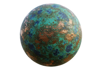 Isolated weathered sphere of tarnished copper and turquoise with rough texture surface art
