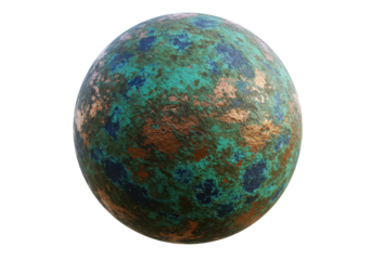 Isolated weathered sphere of tarnished copper and turquoise with rough texture surface art
