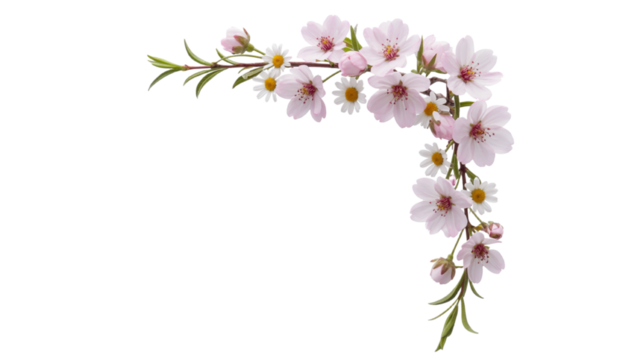 Delicate pink cherry blossoms and daisies in a corner arrangement