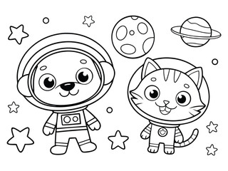 Cute cartoon dog and cat astronauts floating in space surrounded by stars and planets ready for coloring isolated on white background