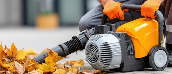 Elderly man wearing headphones operates a leaf blower in a yard covered with fallen leaves, focusing on the task at hand