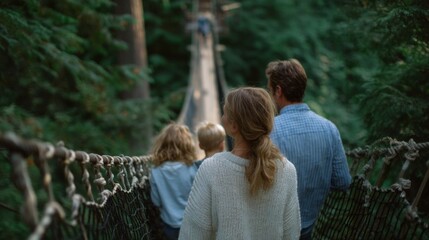 Family adventure on a lush canopy bridge evokes Earth Day harmony and International Day of Forests wanderlust