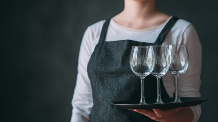 A poised individual in monochrome apron, balancing crystal elegance, evokes a toast to convivial Festivus gatherings and sommelier dreams