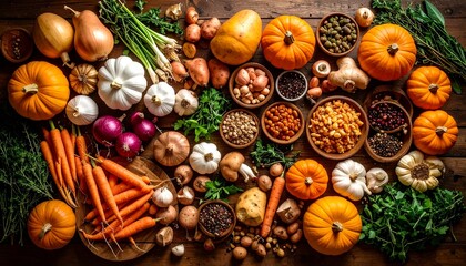秋の野菜、収穫の季節、かぼちゃと根菜、にんじんと玉ねぎ、豆とスパイス、ウッドテーブルの野菜、自然食の背景、家庭菜園の恵み、オーガニック野菜の盛り合わせ、ヴィーガン食材、ハーベストシーズン、秋の食材ディスプレイ、ナチュラルライフスタイル、スローフードのイメージ、茶色の背景と野菜
