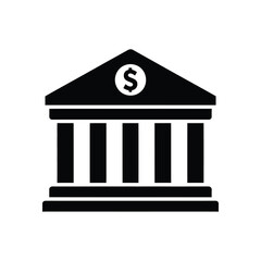 Black Icon of Classic Bank Building with Dollar Symbol on White Background
