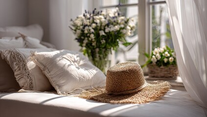 Sunlight streams into a bedroom, illuminating a bed with cream-colored linens,  a straw hat, and a bouquet of flowers