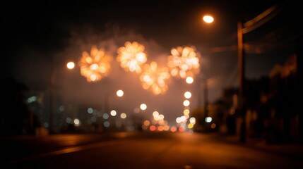 Blurry fireworks illuminate a deserted street, evoking Diwali's vibrant glow and Bonfire Night's crackling whispers in urban solitude